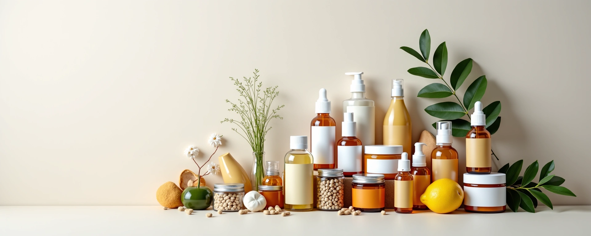 Diverse natural health and beauty products displayed cleanly